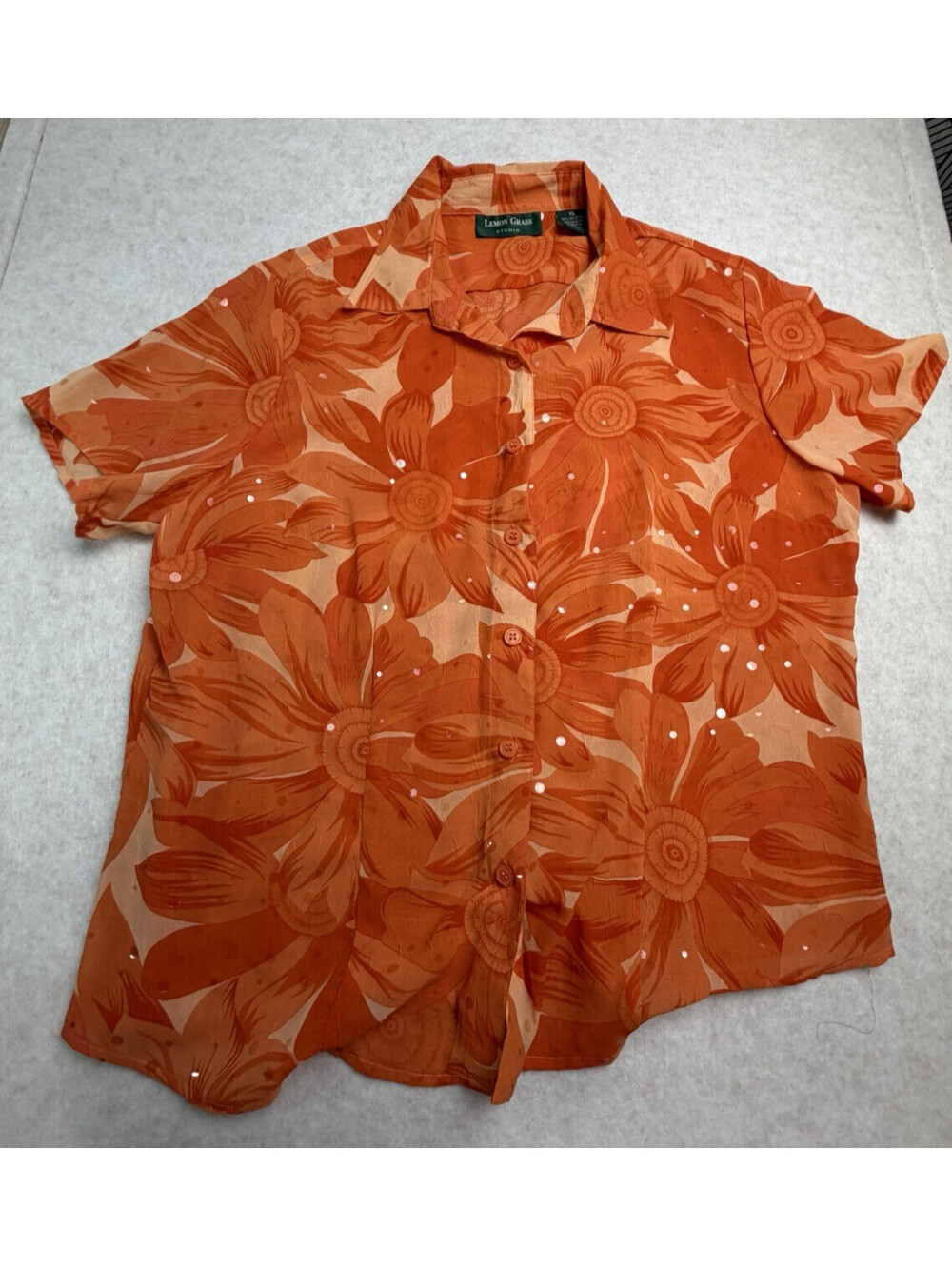 LEMON GRASS STUDIO Crinkle Orange Button Up Shirt Floral Short Sleeve Top XL